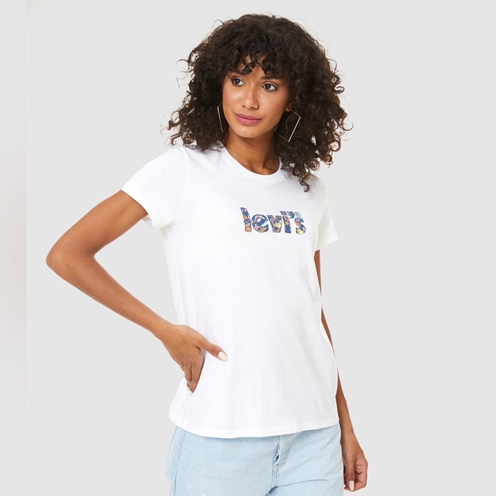 NWT Levi's White Fitted Graphic Boho 100% Cotton Short Sleeve Tee Size Small